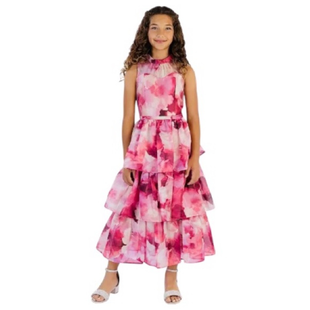 Floral-Print Organza Tiered Maxi Dress